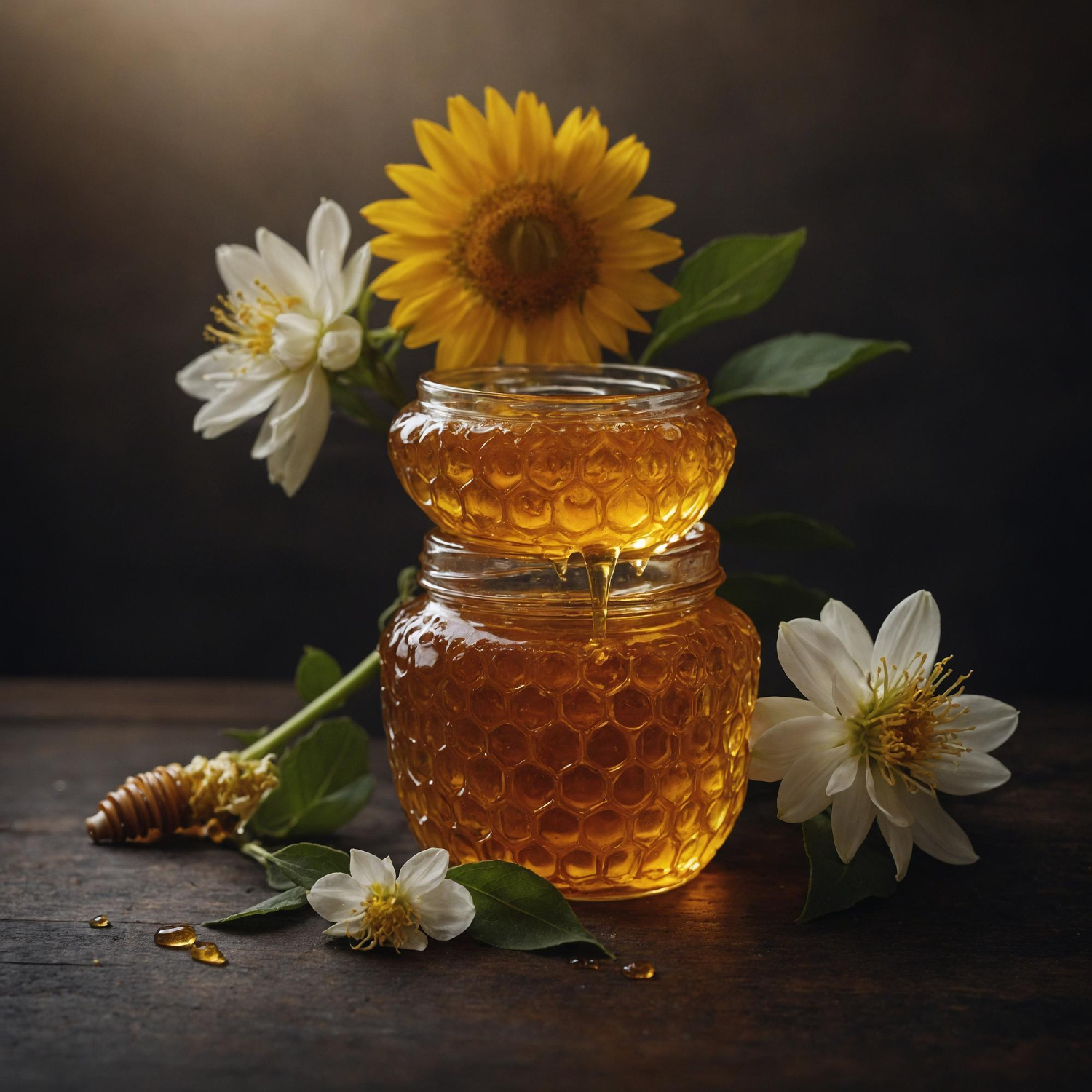 Cam kavanozda süzme çiçek balı ve tahta bal kaşığı